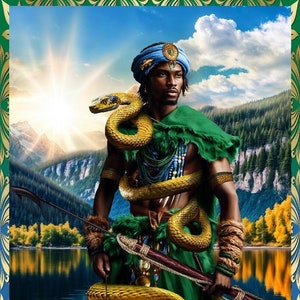 May include: A man wearing a blue turban and green clothing is holding a fishing rod and a large yellow snake. He is standing in a wooden boat on a lake with mountains in the background.