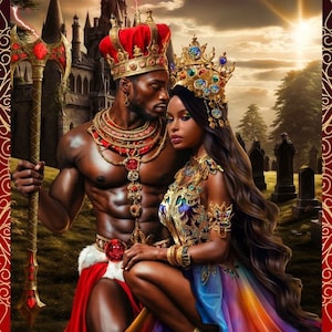 May include: A king and queen in elaborate crowns and costumes stand in a woodland setting. The king holds a large axe and the queen wears a colourful gown. The scene is dramatic with lightning in the sky and a castle in the background.