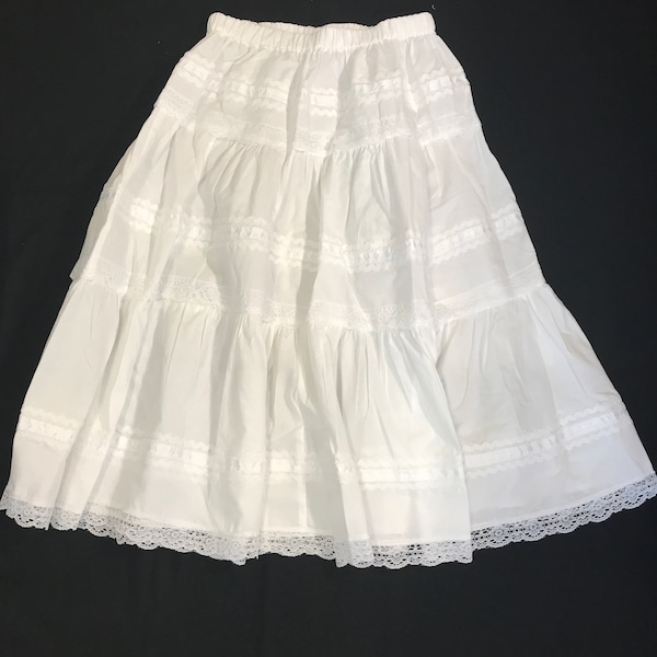 White Cotton Skirt with Lace Trim - Tiered Indian Fabric