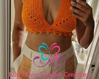 Crocheted Handmade Fashion Bra Bralette Bikini Top Orange Size D-DDD Gift Summer Halter Top