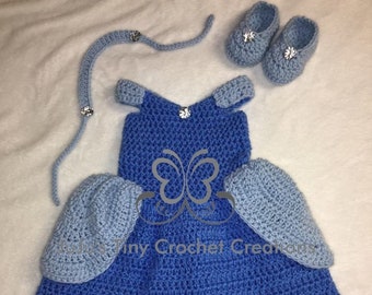 Blue Baby Princess Dress Photo Prop Set Baby Shower Gift Halloween Costume Infant Princess Costume Set Crocheted Handmade