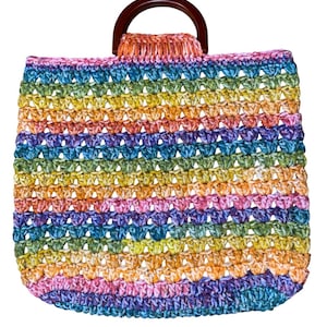 Handmade Crocheted Multicolored Lined Handbag with Wooden Handles and Interior Pocket- Gift for Birthday, Anniversary, Mother&#39;s Day