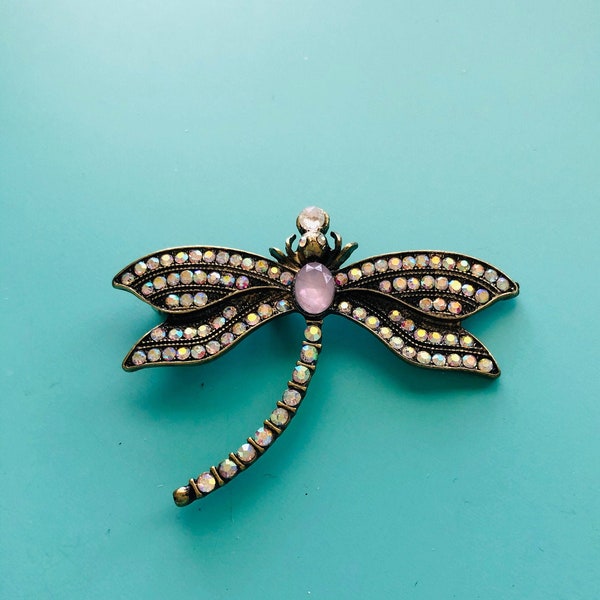 Vintage Brooch / Dragonfly Pin / Dragonfly Brooch/ Art Deco Brooch/ Faux Opal Pin/ Rhinestone Brooch/ Crystal Brooch/ Bridesmaid Gift