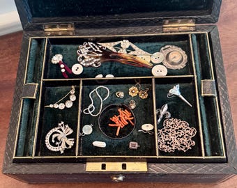 Antique Victorian Dark Green Leather Jewelry Box with Contents c.1880 Bramah Lock Green Velvet Lining