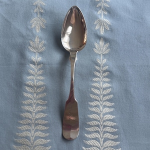 May include: A silver spoon with a rounded bowl and a long, slender handle. The spoon is highly polished, reflecting the light. The background is a light blue fabric with a repeating white floral pattern.