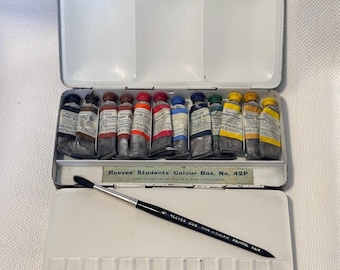 Vintage Reeves Students Colour Box No. 42P Watercolour Set, Original Tubes, Squirrel Brush