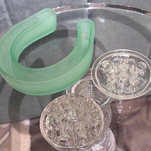 Antique French Glass Flower Frogs, Uranium Glass Horseshoe Posy Trough (UV Reactive) image 8