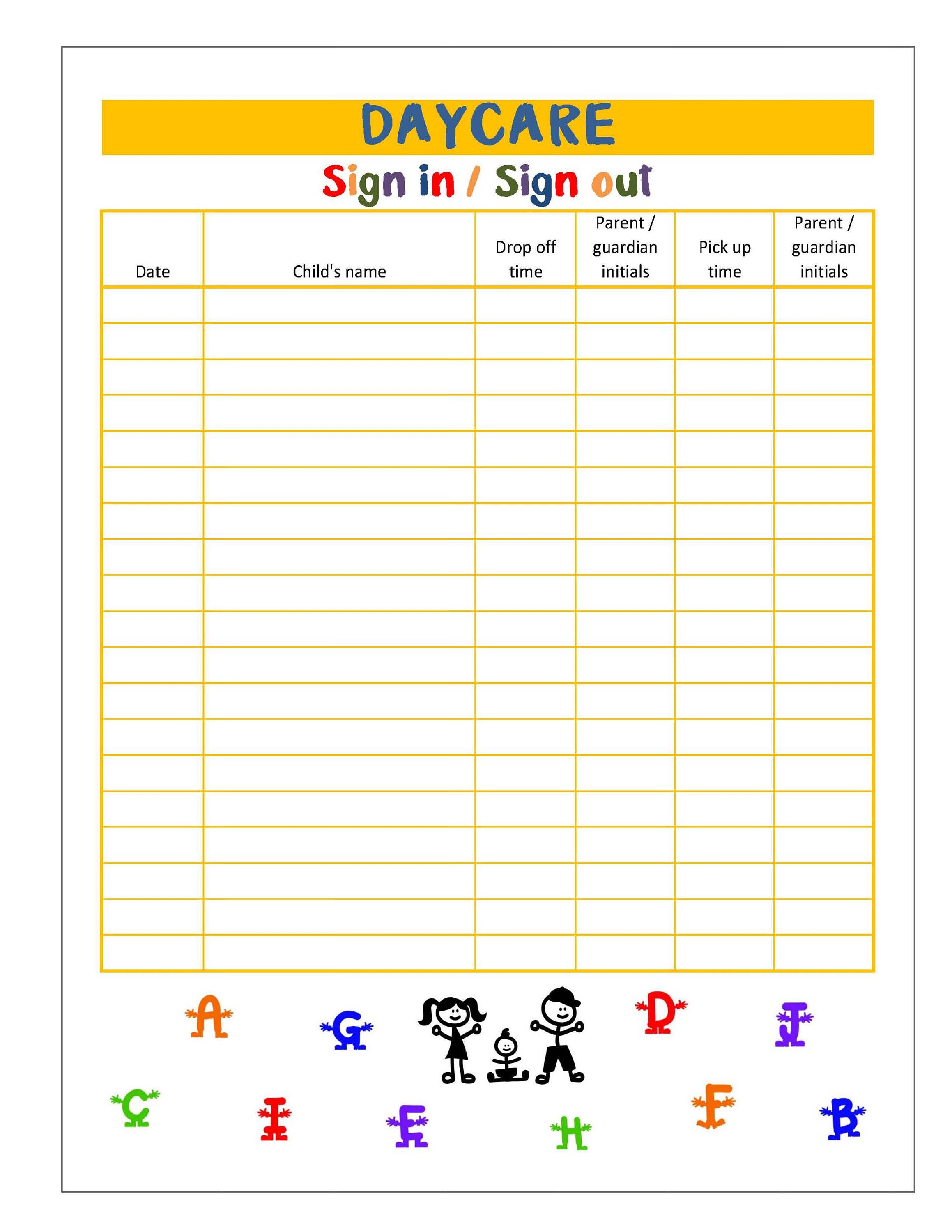 Daycare Sign In out PDF File Instant Download Etsy