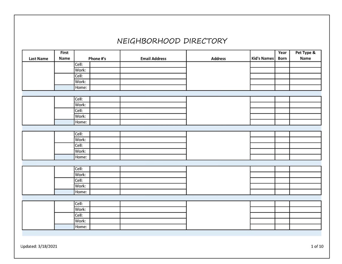 Neighborhood Directory Partially Editable Excel File up to Etsy