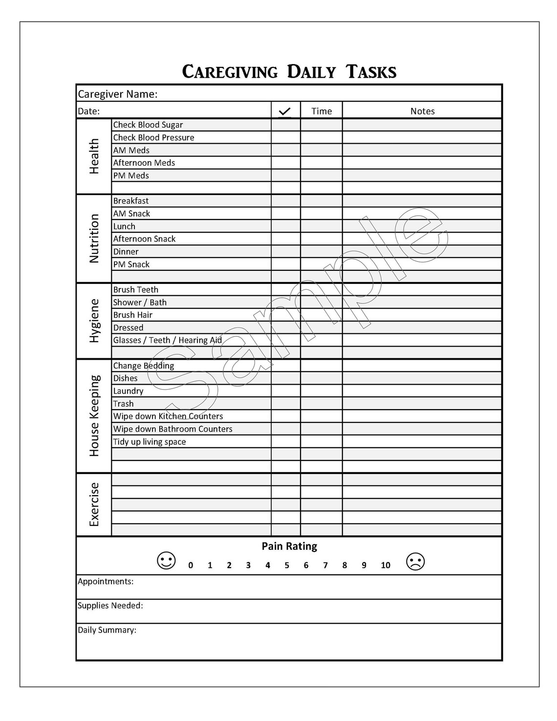 Caregivers Daily Tasks Form Partially Editable Excel Etsy
