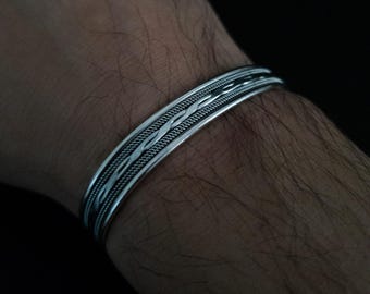 Handmade Sterling Silver Cuff Bracelet, Embroidered Mens Jewelry