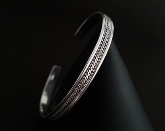 Handmade Sterling Silver Cuff Bracelet, Embroidered Detail, Men's Jewelry