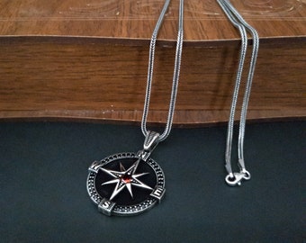 925 Sterling Silver Compass Pendant, Handmade Mens Jewelry