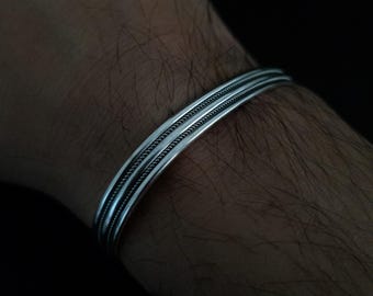 Handmade Sterling Silver Cuff Bracelet, Mens Embroidered Jewelry