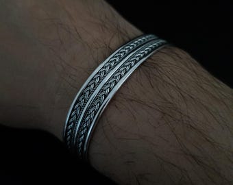 Handmade 925 Sterling Silver Cuff Bracelet, Embroidered Mens Jewelry