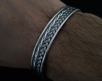 Handmade 925 Sterling Silver Braided Cuff Bracelet, Mens Jewelry