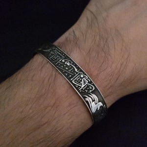 Handmade Engraved Bracelet, Thick Silver Cuff Band Bracelet, Thick Adjustable Bracelet, Men&#39;s Silver Bracelet, 925 Sterling Silver Bracelet