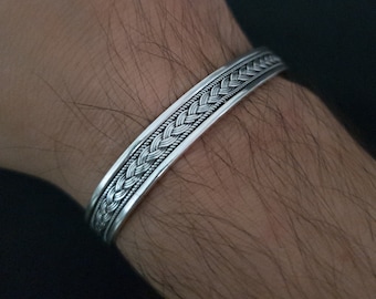 Handmade Sterling Silver Braided Cuff Bracelet, Engraved Men's Jewelry