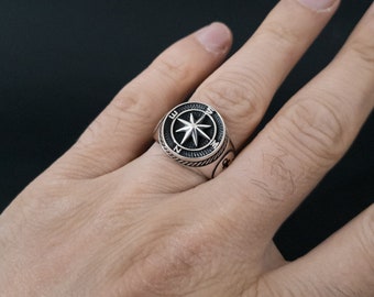 Compass & Anchor Silver Ring, Men&#39;s Ring, 925 Stirling Silver Ring