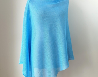 Blue linen poncho Knit bright blue wrap Summer cape