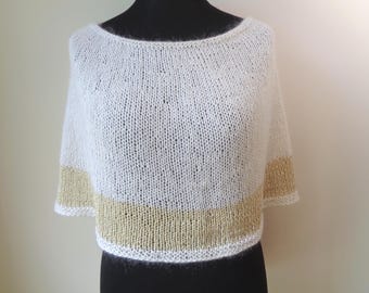 Hand Knit Mohair Silk Cape Poncho, Gold Stripe Wedding Wrap