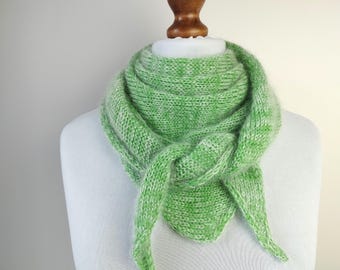 Mohair Merino Triangle Scarf: Green Knitted Wool Shawl