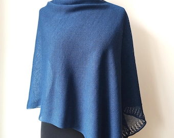 Knit Linen Poncho : Classic Blue Linen Women Top, Summer Shawl Wrap