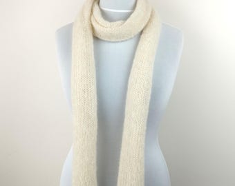 Skinny Knit Scarf Off White Brushed Alpaca Silk Wool Narrow Scarf