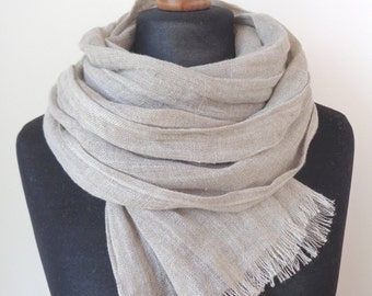 Linen scarf Undyed flax gray pure softened linen scarf Natural lightweight linen large scarf  Gray 100% linen scarf wrap for women and men