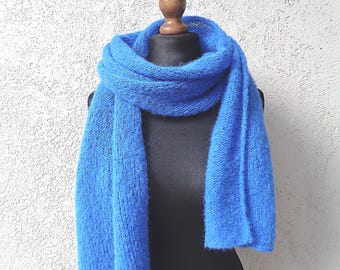 Cobalt blue brushed alpaca silk scarf Knit men scarves Wool women shawl scarf