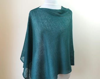 Linen poncho Knit dark green wrap Summer adult cape