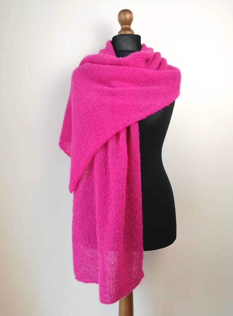 Pink Brushed alpaca silk scarf Knit fuchsia pink wool shawl image 2
