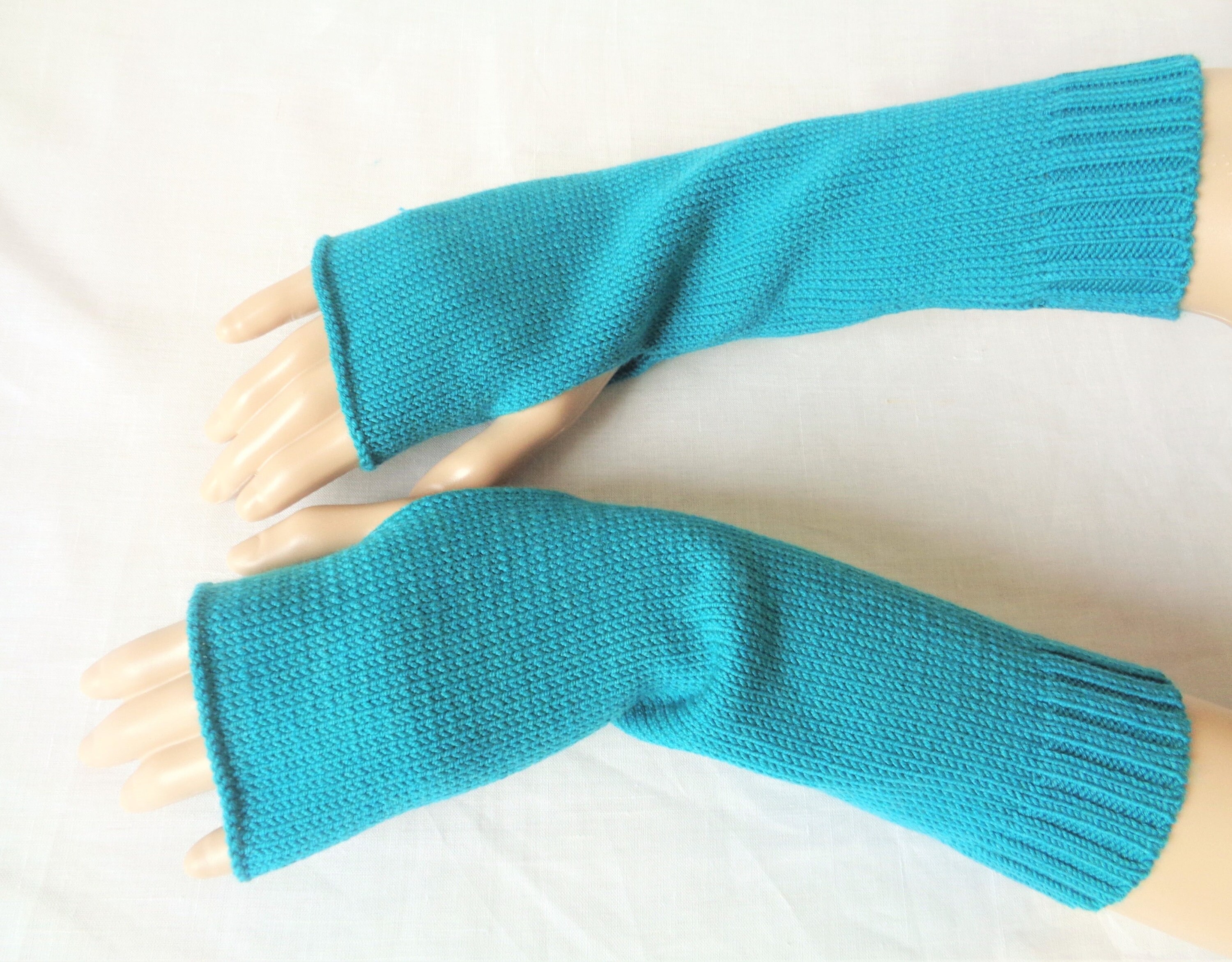 Blue Green Fingerless Gloves Merino Wool Gloves Women Knit Mittens