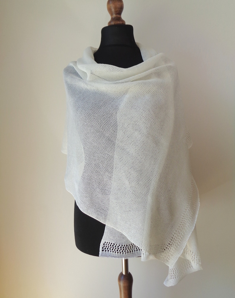 Ivory linen shawl Scarf for woman Wedding wrap Knit summer shawl Ivory white bridal wrap Natural linen scarf image 1