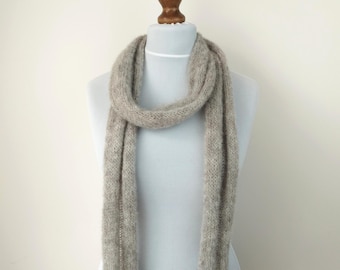 Skinny Knit Scarf Light grey Brushed Alpaca Silk Wool Narrow Scarf