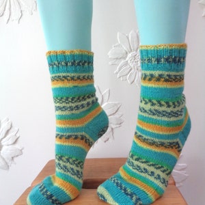 Hand Knitted socks Wool knit blue yellow socks  Winter knit socks Knitted slippers Bed socks