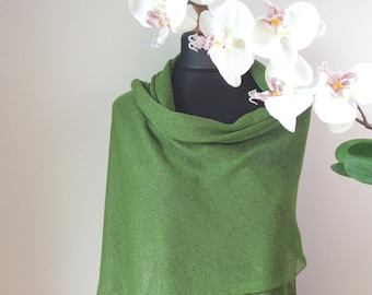 Knit Green Linen Scarf Shawl - Summer Wrap