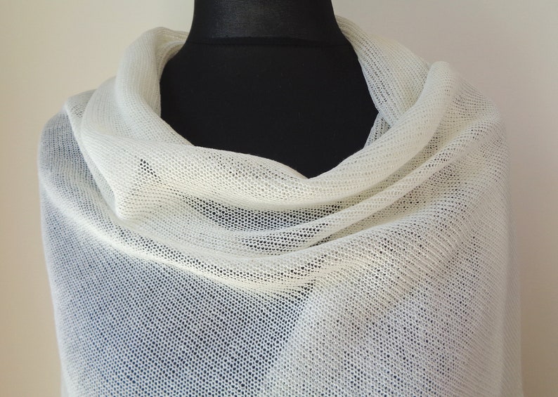 Ivory linen shawl Scarf for woman Wedding wrap Knit summer shawl Ivory white bridal wrap Natural linen scarf image 7