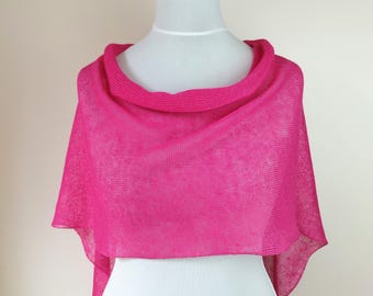 Cropped Linen Poncho: Fuchsia Pink Knit Beach Cover Up, Women Top