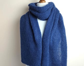 Navy blue brushed alpaca silk scarf Knit  Lightweight wool shawl scarf
