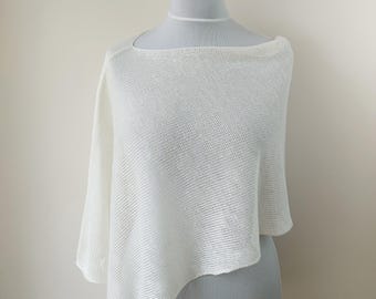 Cropped Linen Poncho: White Knit Women's Beach Cover Up