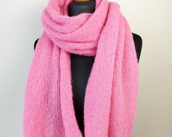 Pink Knit Alpaca Silk Scarf, Brushed Wool Shawl