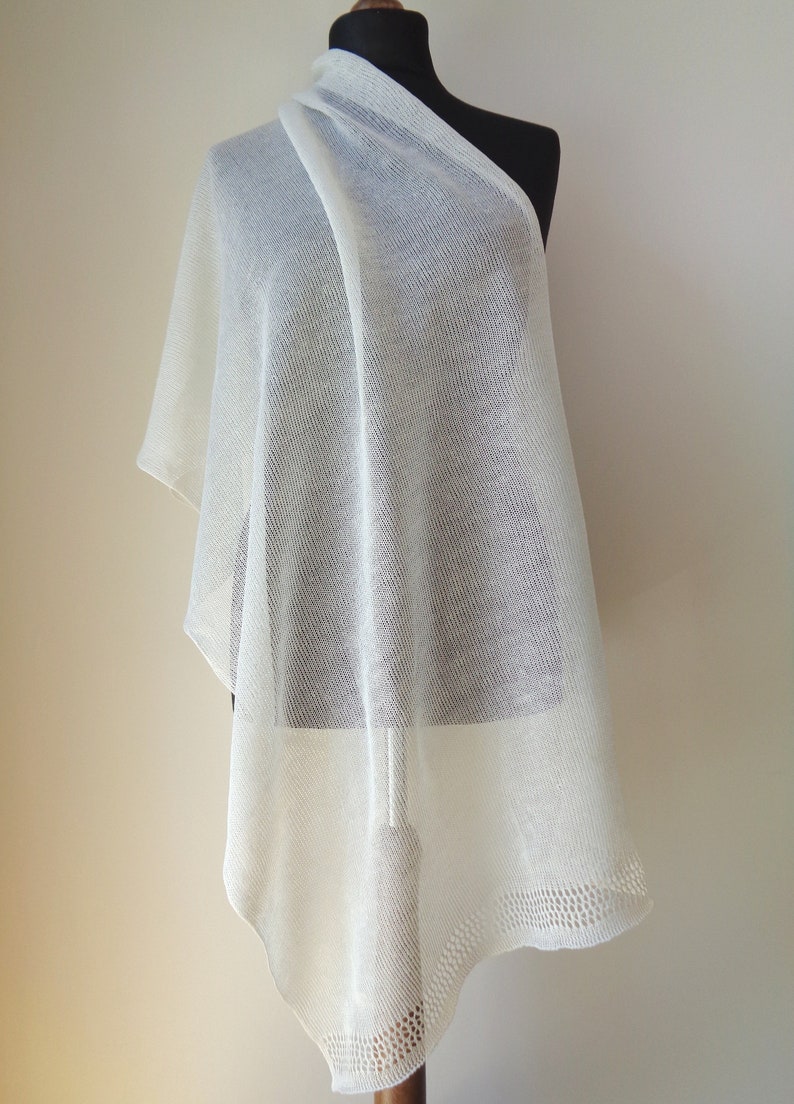 Ivory linen shawl Scarf for woman Wedding wrap Knit summer shawl Ivory white bridal wrap Natural linen scarf image 5