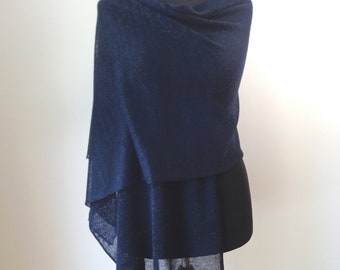 Linen scarf Dark navy blue lurex linen wrap Scarf for woman Knit summer shawl Navy blue natural linen scarf shawl wrap