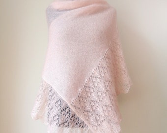 Light Peach Pink Mohair Wedding Shawl - Hand Knit Lace Scarf