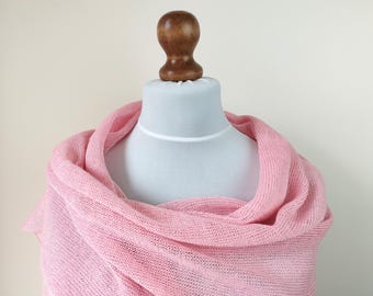 Rose Pink Linen Shawl, Wedding Wrap, Knit Summer Scarf
