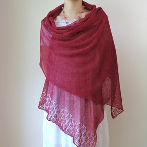 Bufanda chal de lino rojo oscuro para mujer Bufanda de punto de verano de lino natural burdeos