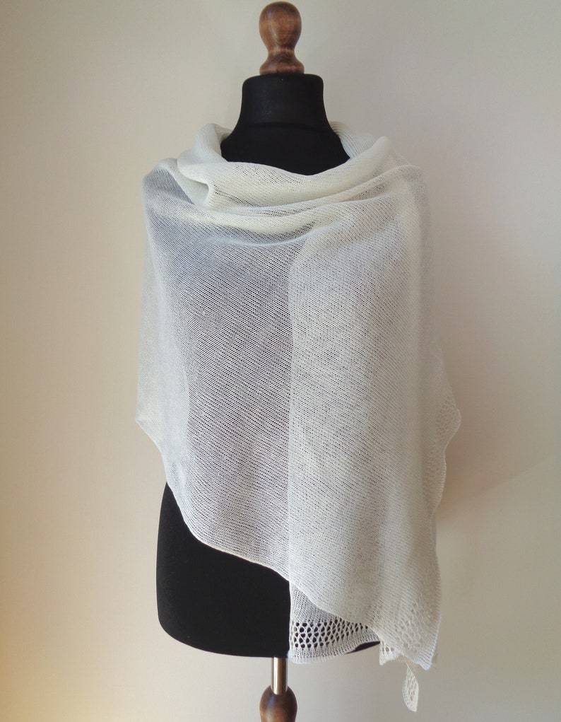 Ivory linen shawl Scarf for woman Wedding wrap Knit summer shawl Ivory white bridal wrap Natural linen scarf image 2