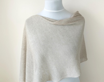 Cropped Linen Poncho: Beige Knit Adult Beach  Cover Up