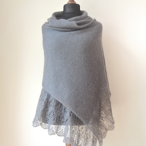 Gray mohair shawl wedding wrap Knit lace shawl scarf Grey mohair silk wrap scarf with hand knitte lace